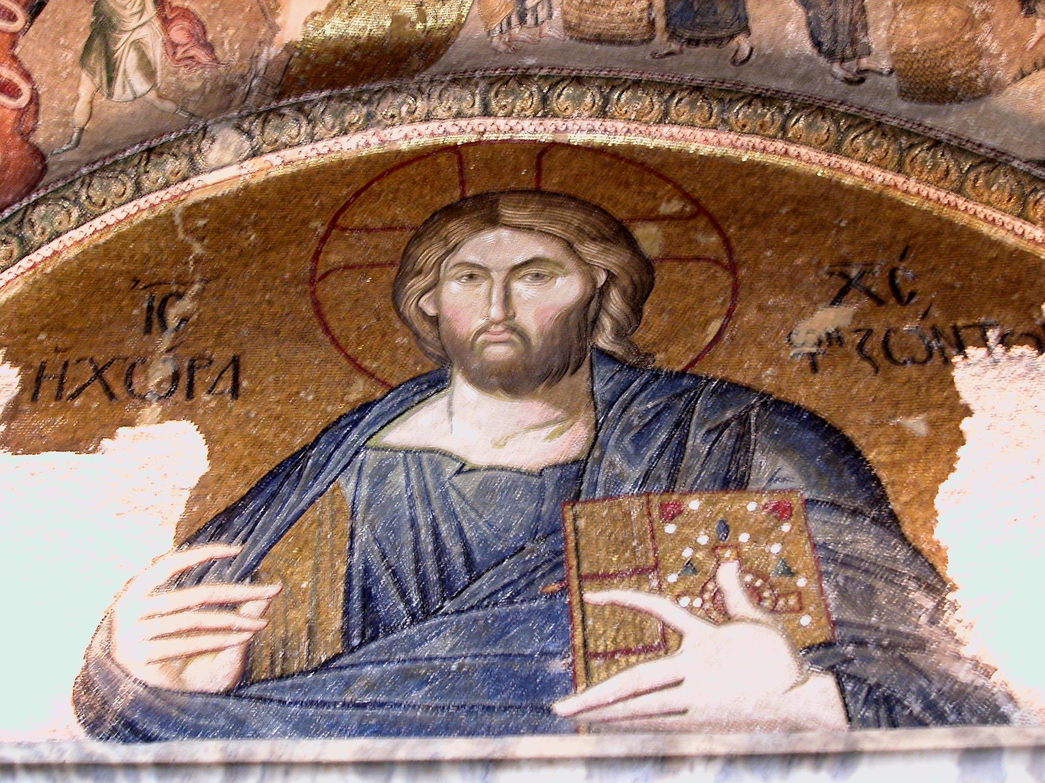 The Christ Pantocrator mosaic above the door at Chora, gold ground behind the figure