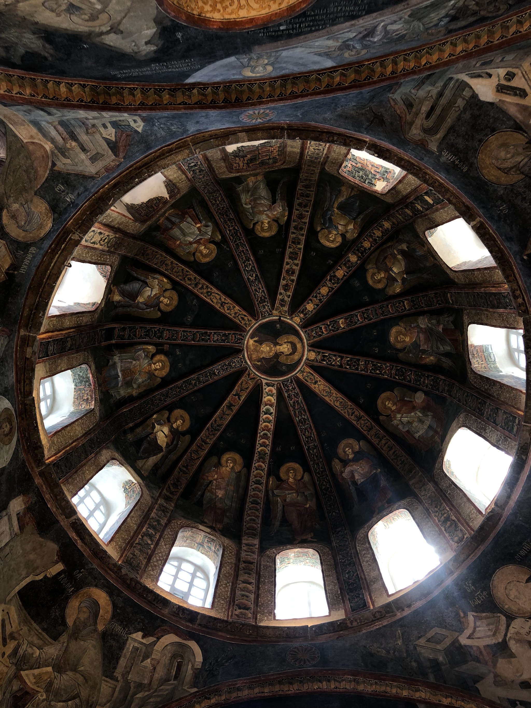 The dome at Chora, ringed with figures in mosaic between its ribs