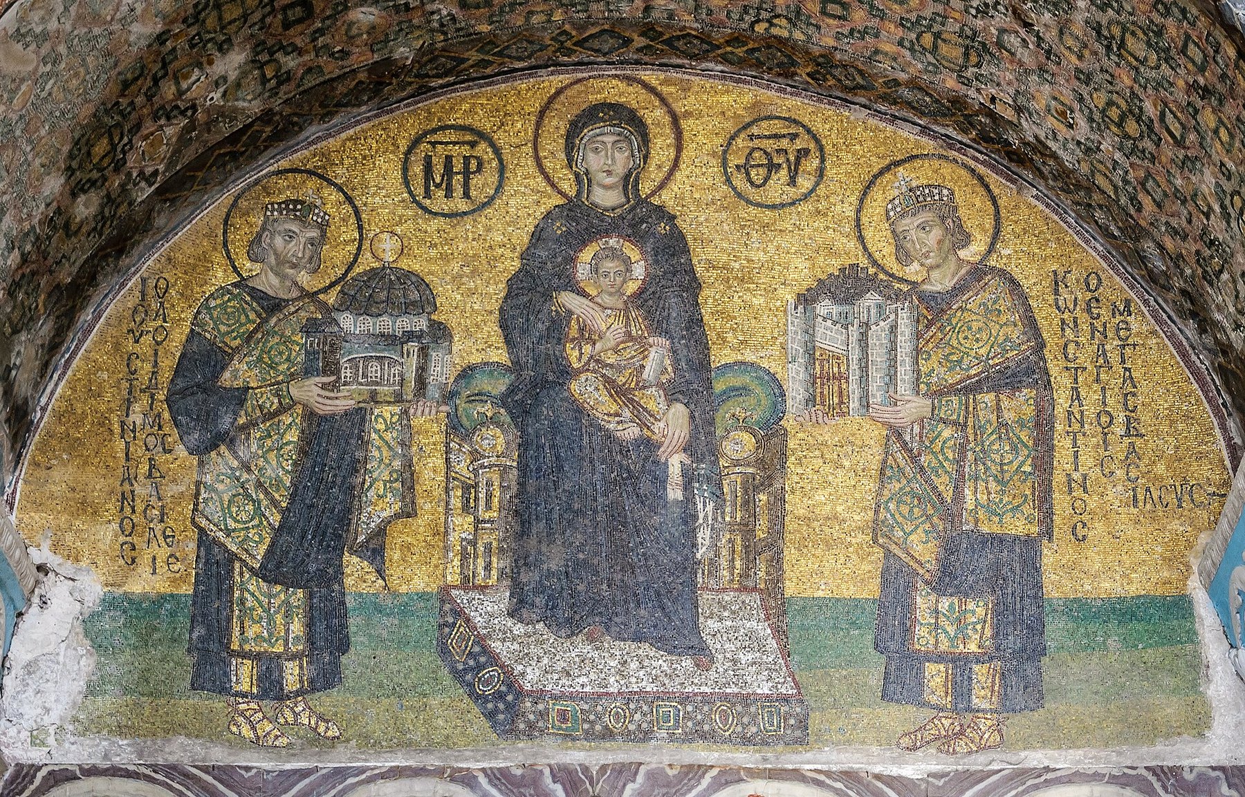 The southwestern entrance mosaic inside Hagia Sophia: the Virgin and Child flanked by two emperors, in gold