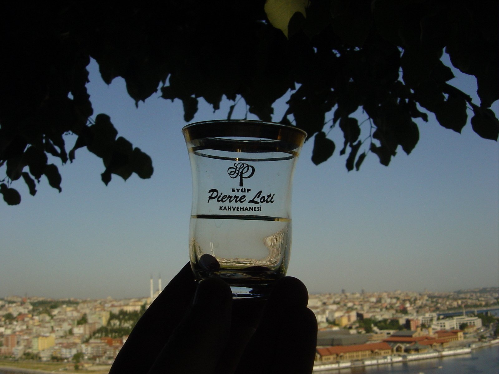A tulip glass of Turkish tea held up against a view over the rooftops of the city