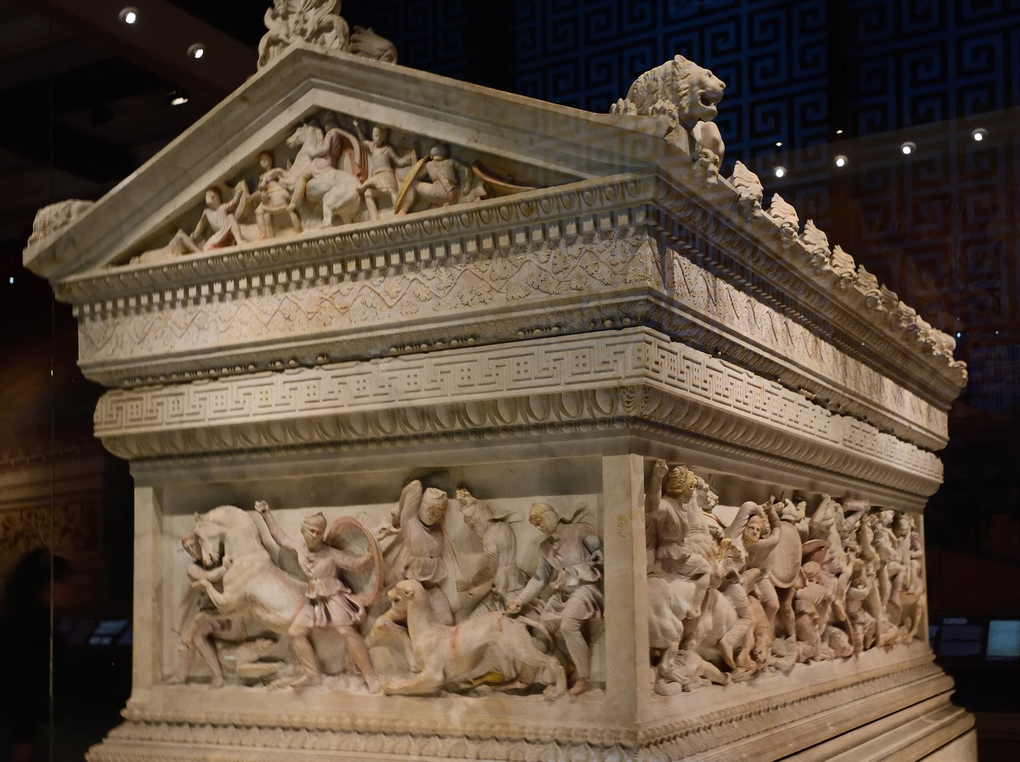 The Alexander Sarcophagus lit in its gallery at the Istanbul Archaeological Museum