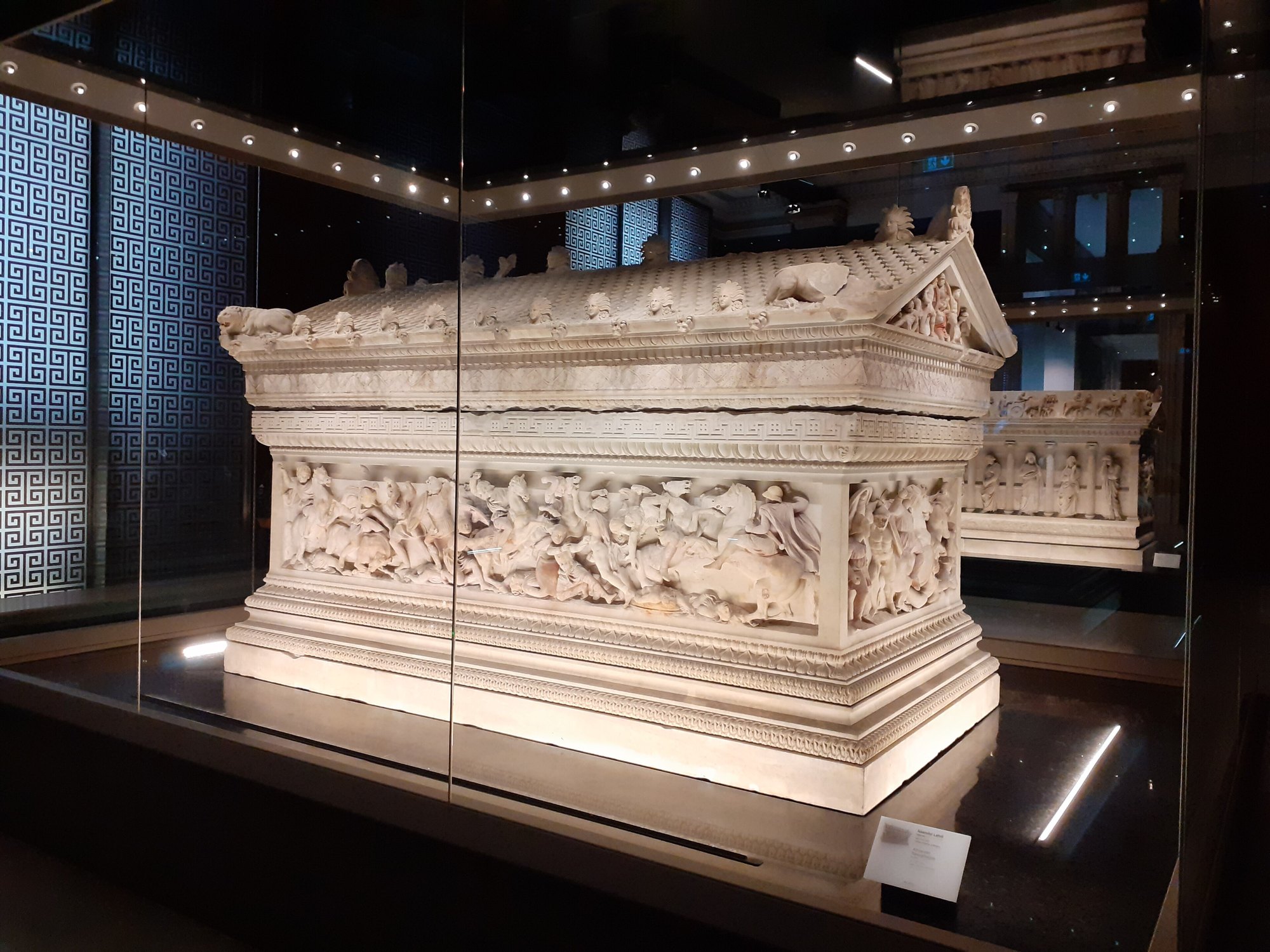 The Alexander Sarcophagus in its glass case, the long carved side facing the gallery